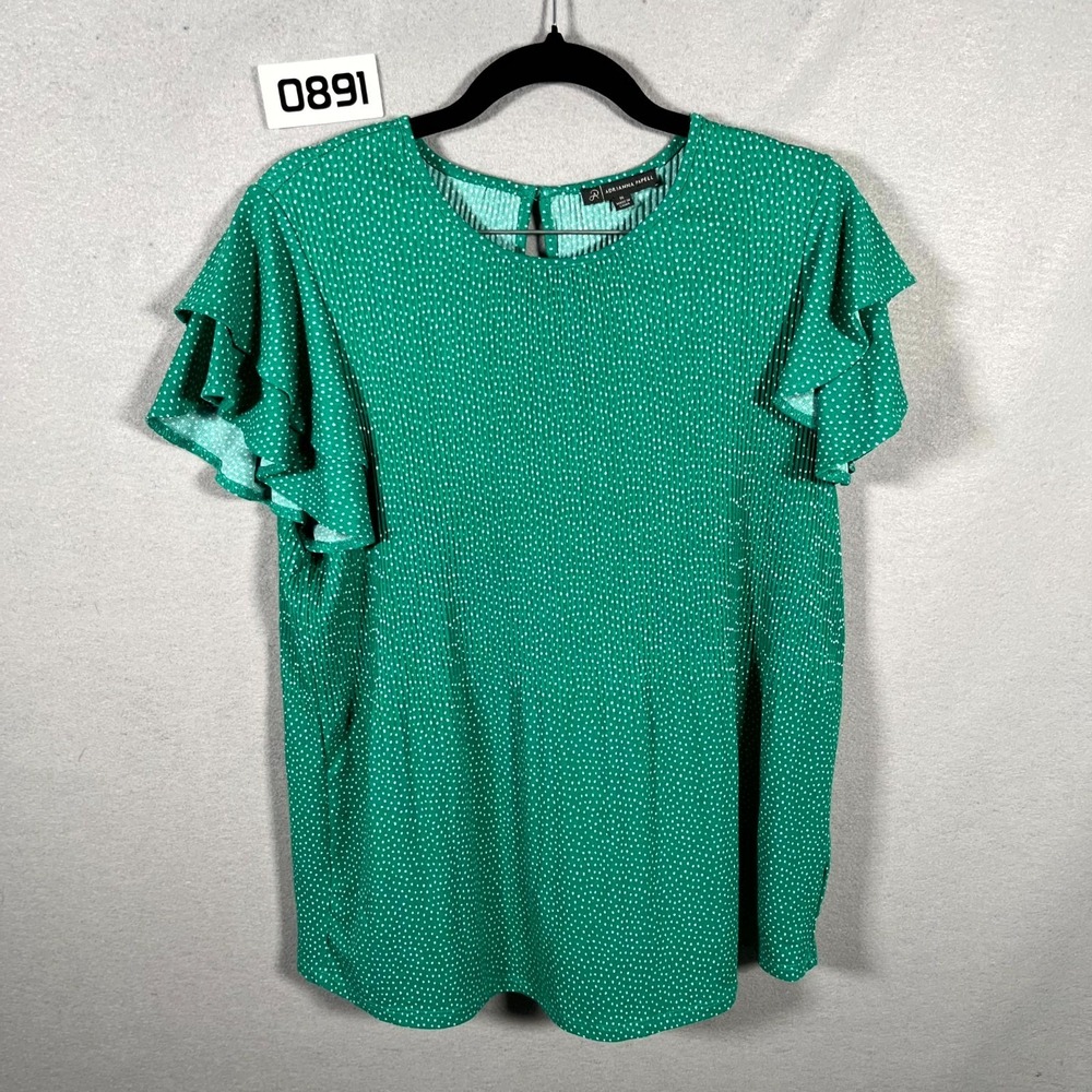 Adrianna Papell Blouse Top Womens‎ Medium Green White Polka Dot Ruffle Sleeve